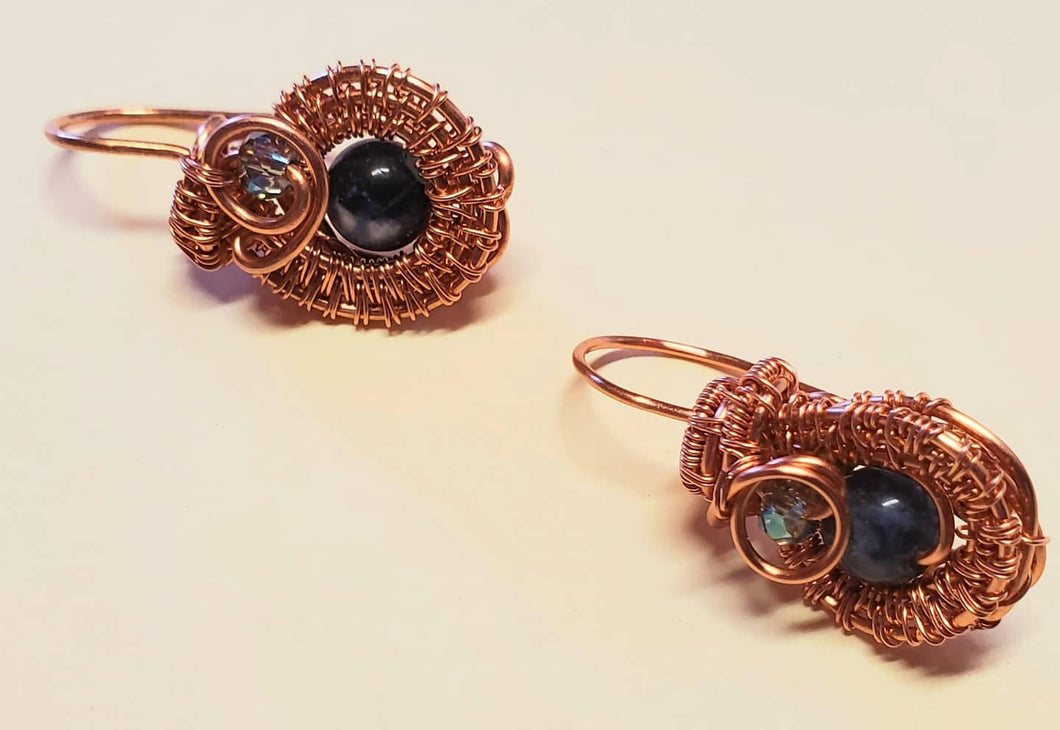 Copper wire non tarnish earrings with Sodalite and Swarovski crystal